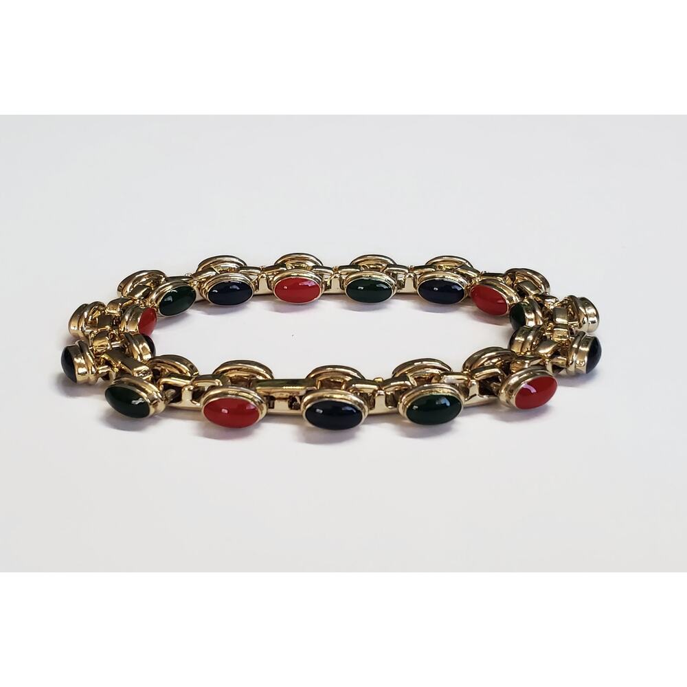 Vintage Navy Blue Red & Green Enamel Gold Tone Link Bracelet 8"